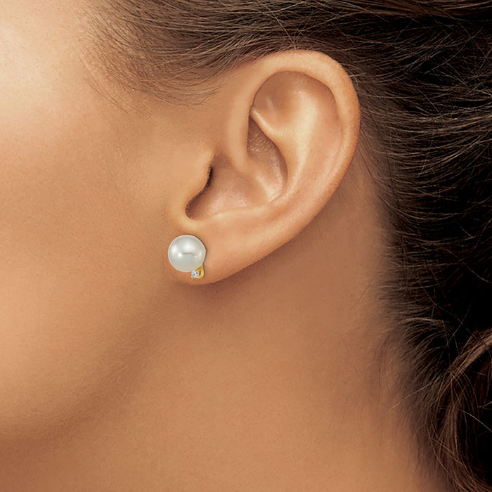 14K Solid Yellow Gold 9mm White Round South Sea Saltwater Cultured Pearl .10 Diamond Stud Earrings