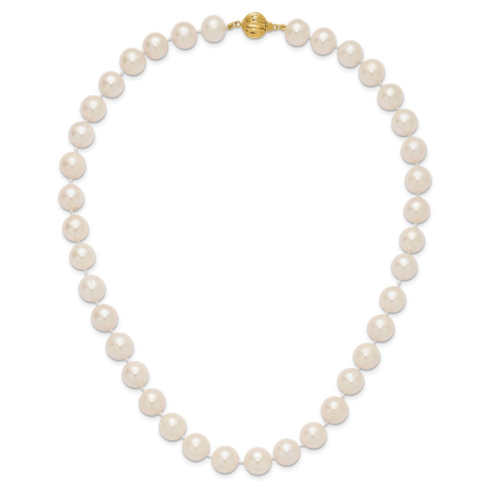 14K Solid Yellow Gold 11mm White Near Round Freshwater Cultured Pearl Necklace Chain