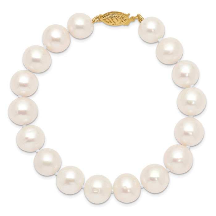 14K Solid Yellow Gold 10mm White Near Round Freshwater Cultured Pearl Chain Bracelet