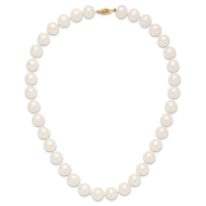 14K Solid Yellow Gold 11mm White Near Round Freshwater Cultured Pearl Necklace Chain