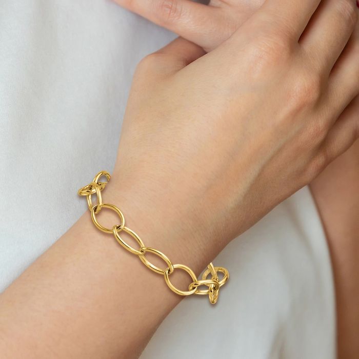 14K Solid Yellow Gold 12mm Oval Cable Rolo Link Chain Bracelet