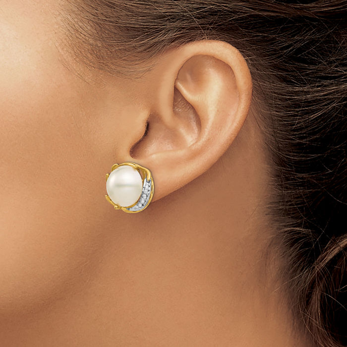 14K Solid Yellow Gold 12mm Saltwater Cultured Mabe Pearl Diamond Omega Clip Back Post Stud Earrings