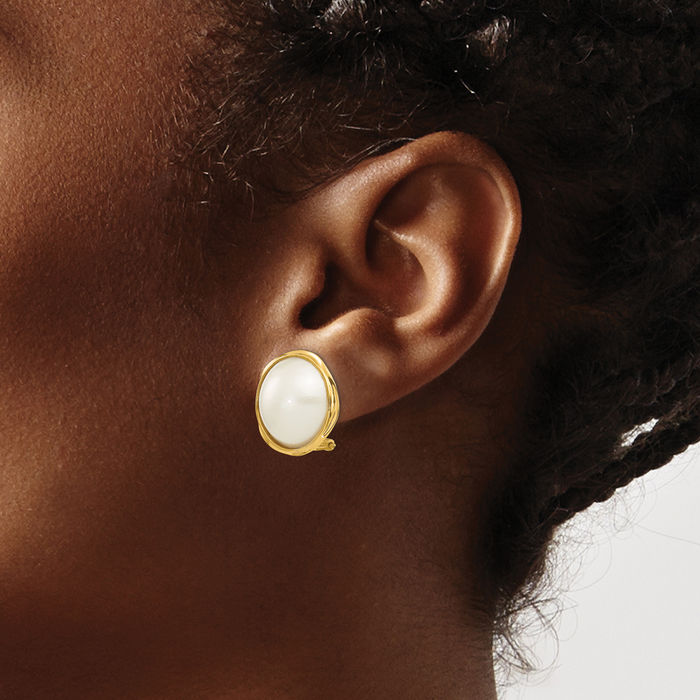 14K Solid Yellow Gold 14mm White Freshwater Cultured Mabe Pearl Omega Clip Back Post Stud Earrings