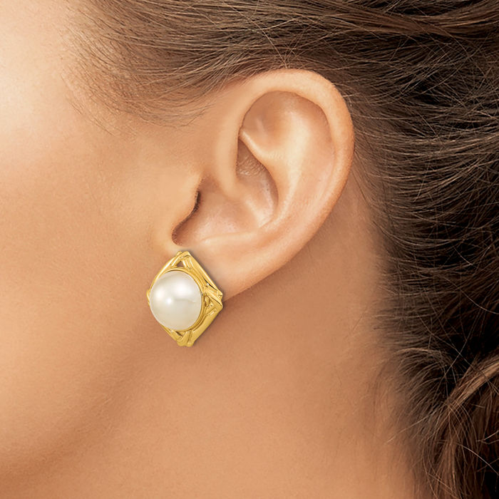 14K Solid Yellow Gold 13mm White Mabe Saltwater Cultured Pearl Omega Clip Back Post Stud Earrings