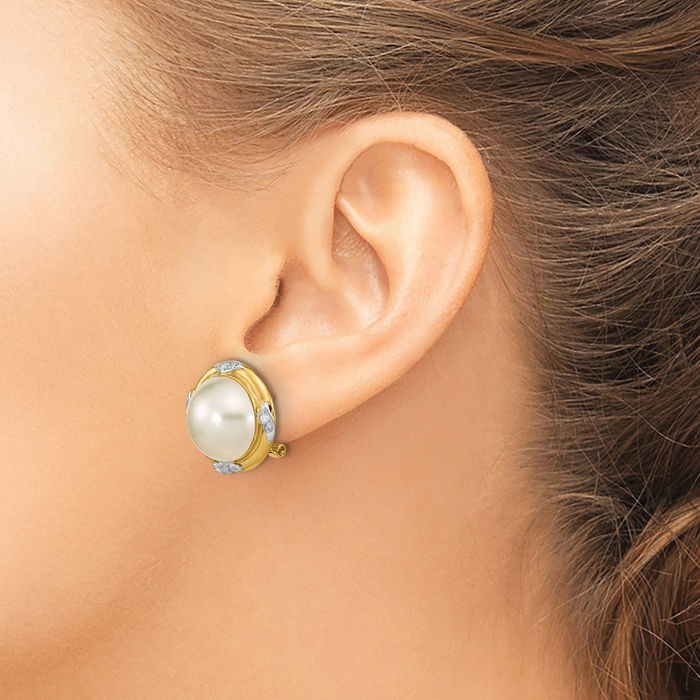 14K Solid Yellow Gold 13mm White Mabe Saltwater Cultured Pearl Diamond Omega Clip Back Post Stud Earrings
