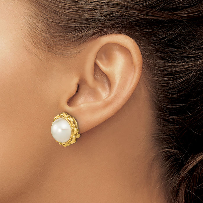 14K Solid Yellow Gold 13mm White Mabe Saltwater Cultured Pearl Omega Clip Back Post Stud Earrings