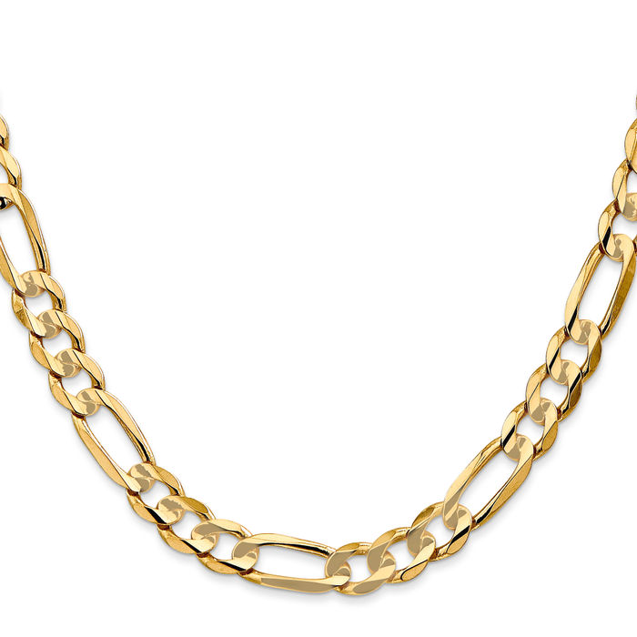 14K Solid Yellow Gold 6.75mm Concave Figaro Link Chain Necklace