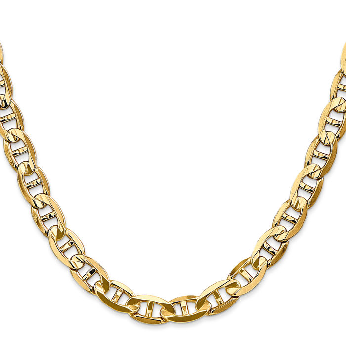 14K Solid Yellow Gold 7mm Concave Anchor Mariner Link Chain Necklace