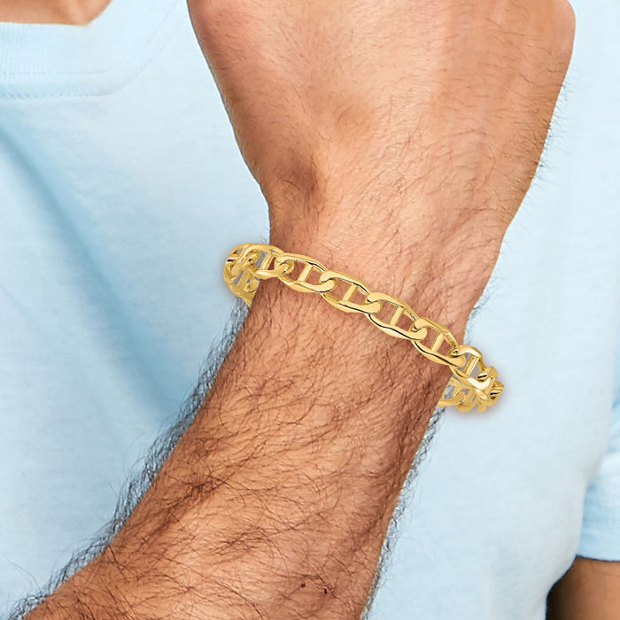 14K Solid Yellow Gold 9mm Anchor Mariner Link Chain Bracelet