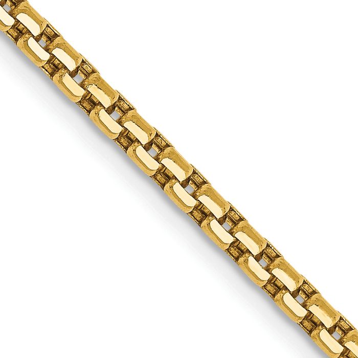 14K Solid Yellow Gold 2.45mm Round Box Link Chain Necklace