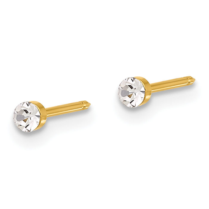 14K Solid Yellow Gold 2.4mm Rhinestone Crystals Stud Earrings Ear Piercing Studs