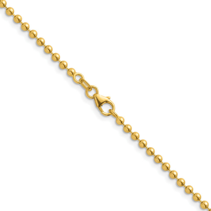 14K Solid Yellow Gold 2.5mm Beaded Ball Chain Necklace