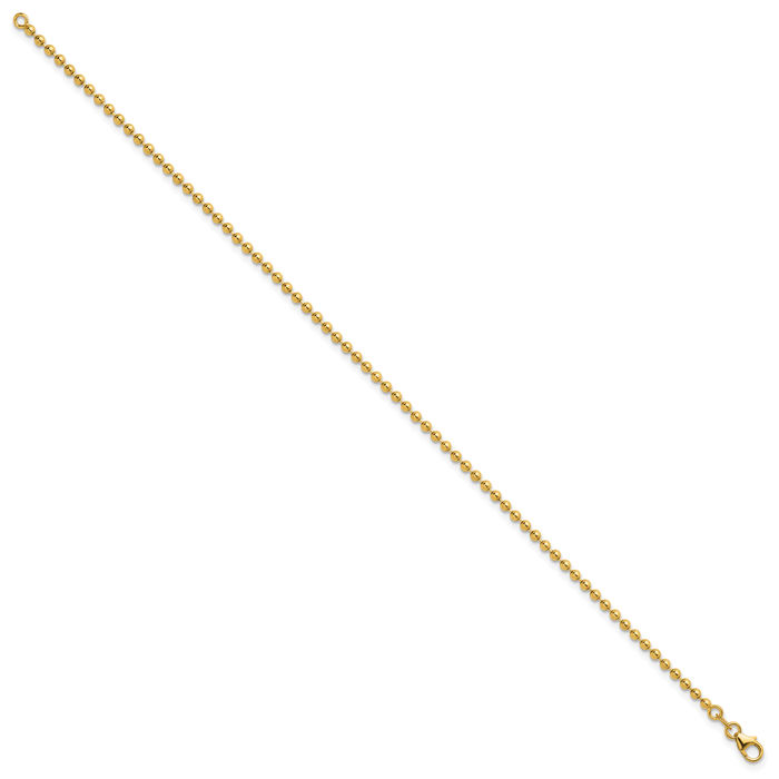 14K Solid Yellow Gold 2.5mm Beaded Ball Chain Bracelet