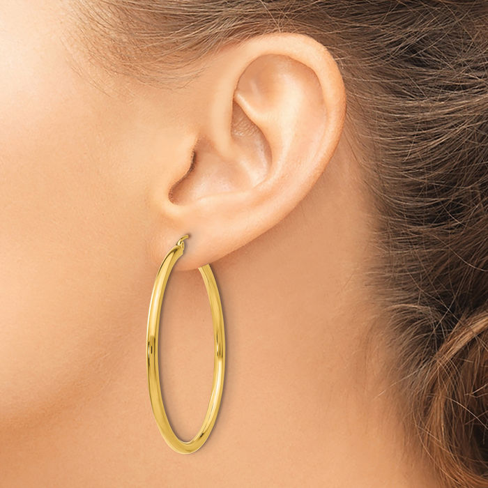 14K Solid Yellow Gold 2.5mm Tube Round Large Hoop Earrings