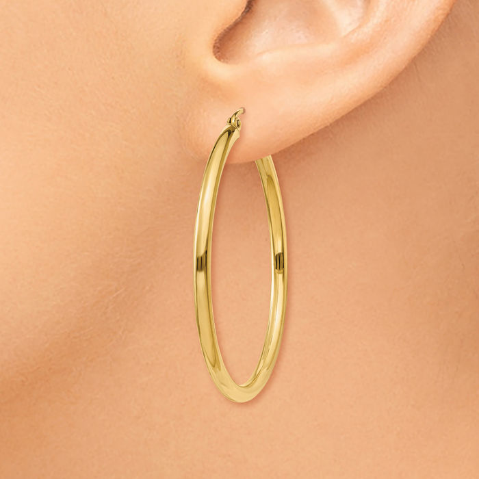 14K Solid Yellow Gold 2.5mm Tube Round Large Hoop Earrings