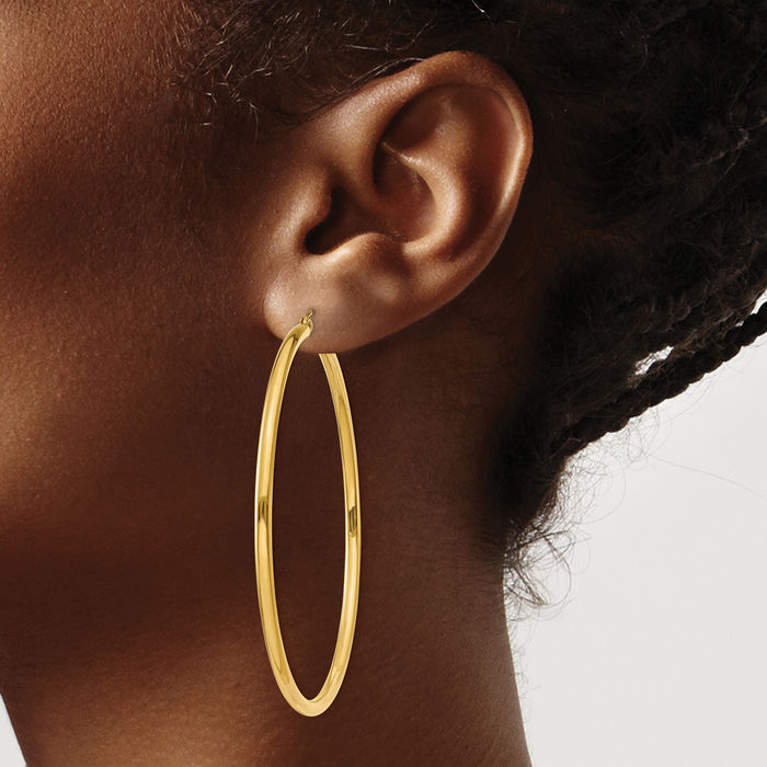 14K Solid Yellow Gold 2.5mm Tube Round Large Hoop Earrings