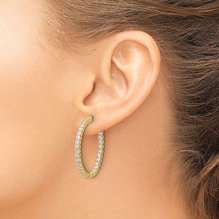14K Solid Yellow Gold 58 2.3mm Oval Diamond Medium Hoop Earrings
