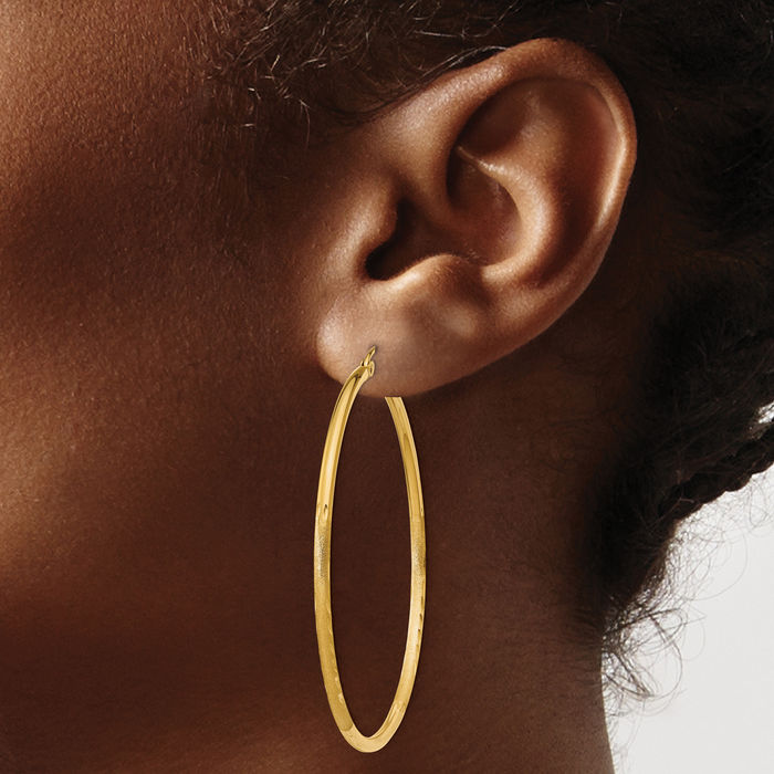 14K Solid Yellow Gold 2mm Round Tube Large Hoop Earrings