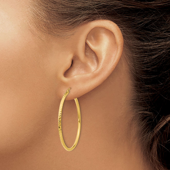 14K Solid Yellow Gold 2mm Round Tube Large Hoop Earrings