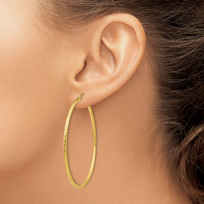 14K Solid Yellow Gold 2mm Round Tube Large Hoop Earrings