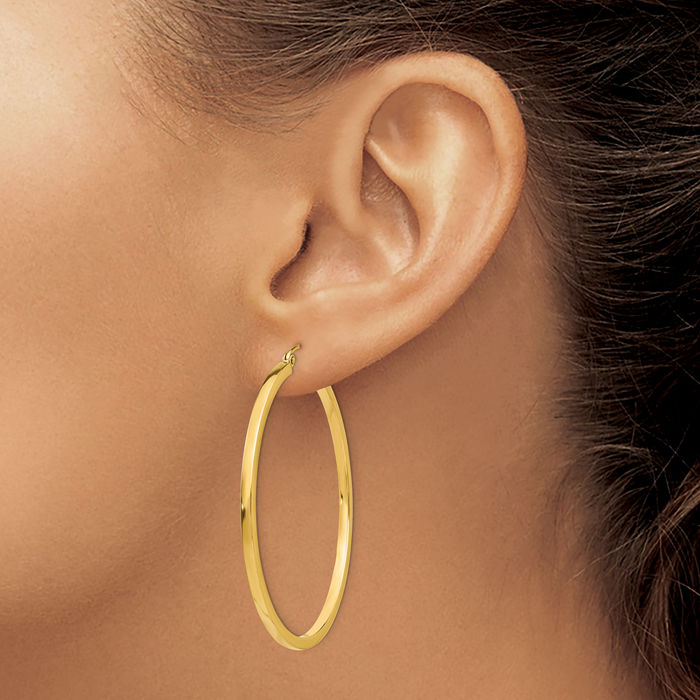 14K Solid Yellow Gold 2mm Square Tube Round Large Hoop Earrings