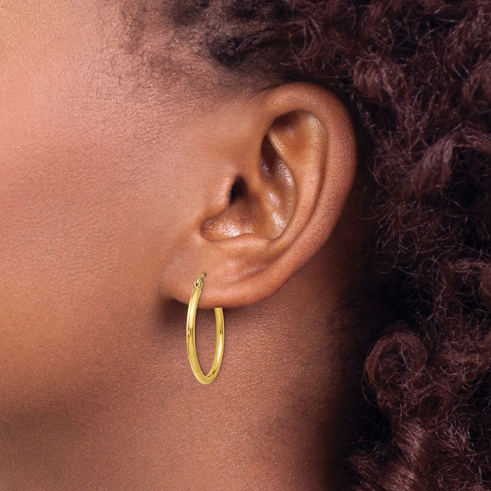 14K Solid Yellow Gold Round Medium Hoop Earrings
