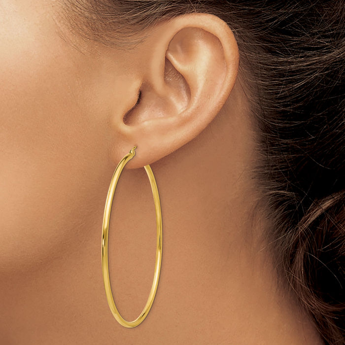 14K Solid Yellow Gold Tube Round Large Hoop Earrings