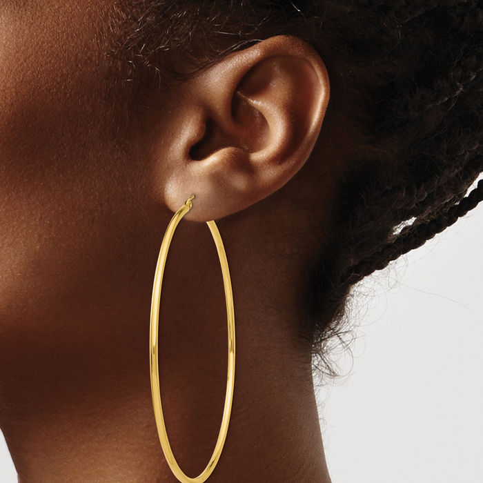 14K Solid Yellow Gold Round Tube Large Hoop Earrings