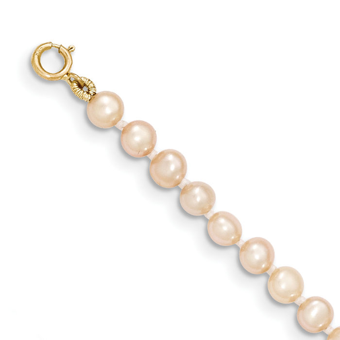 14K Solid Yellow Gold 3mm Pink Round Freshwater Cultured Pearl Chain Necklace