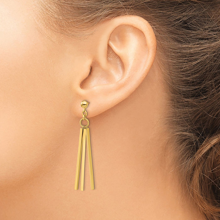 14K Solid Yellow Gold 3 Bar Post Drop Dangle Line Stud Earrings