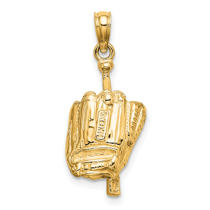 14K Solid Yellow Gold Glove Bat Baseball Necklace Softball Charm Sports Pendant