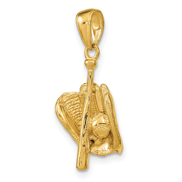 14K Solid Yellow Gold Glove Bat Baseball Necklace Softball Charm Sports Pendant