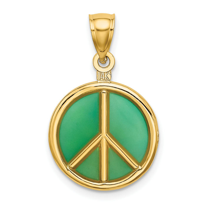 14K Solid Yellow Gold Green Peace Sign Inspirational Symbol Necklace Chain Pendant Charm