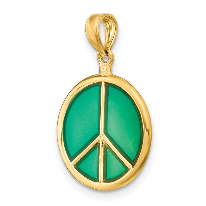 14K Solid Yellow Gold Green Peace Sign Inspirational Symbol Necklace Chain Pendant Charm