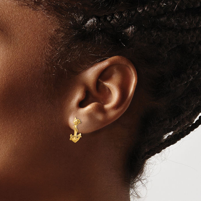 14K Solid Yellow Gold Anchor Mariner Rope Drop Dangle Stud Earrings