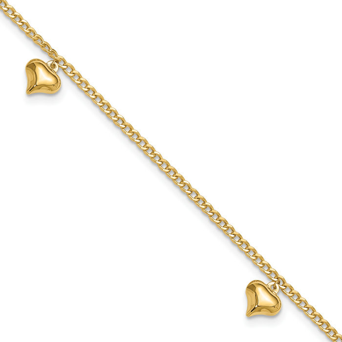 14K Solid Yellow Gold 3 Heart Anklet Summer Beach Foot Ankle Bracelet