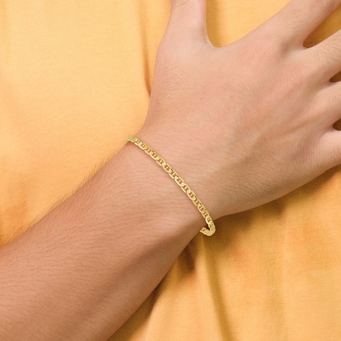 14K Solid Yellow Gold 3mm Concave Anchor Mariner Link Chain Bracelet