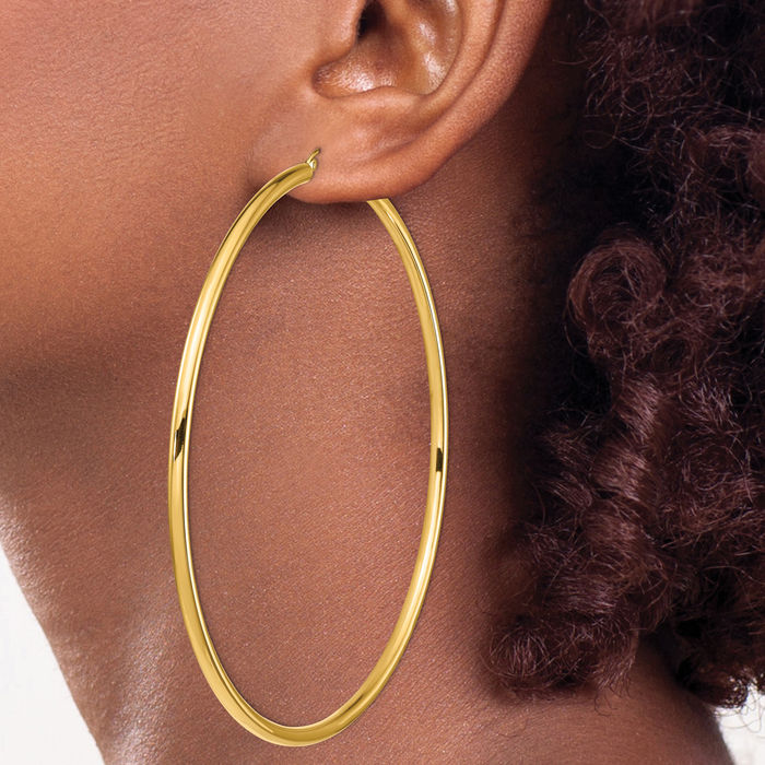 14K Solid Yellow Gold Round Tube Extra Large Hoop Earrings