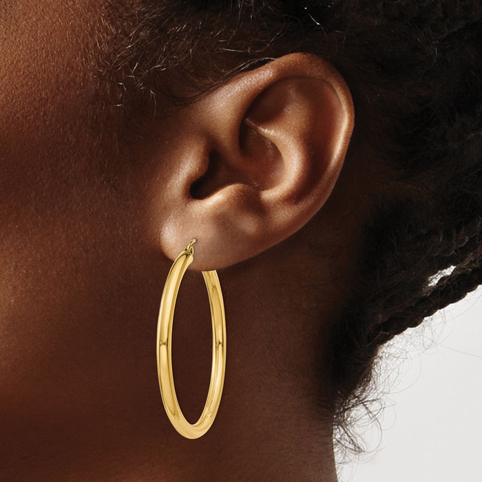 14K Solid Yellow Gold 3mm Tube Round Large Hoop Earrings
