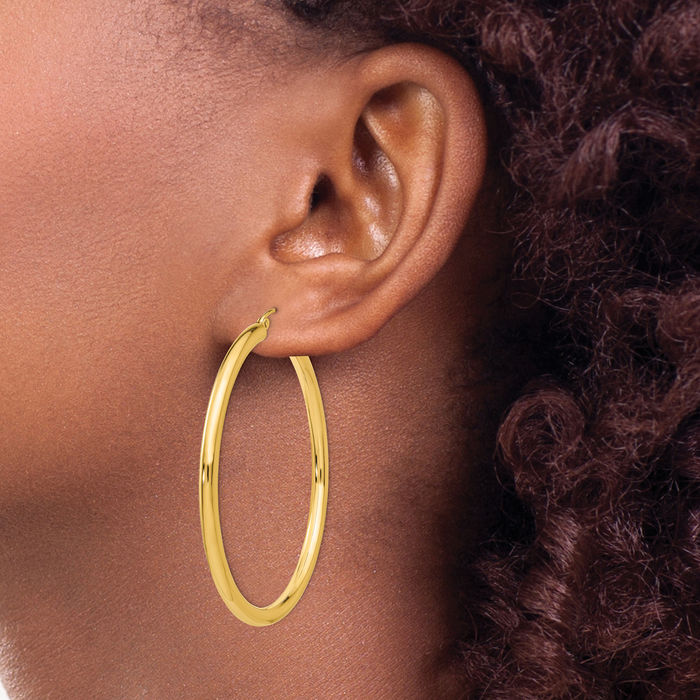 14K Solid Yellow Gold 3mm Tube Round Extra Large Hoop Earrings