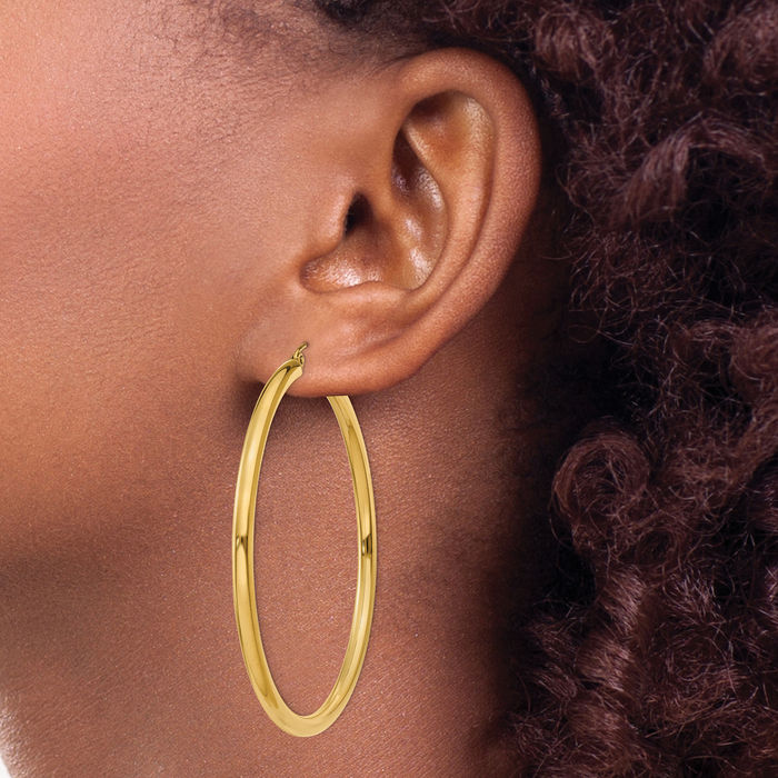 14K Solid Yellow Gold 3mm Tube Round Large Hoop Earrings