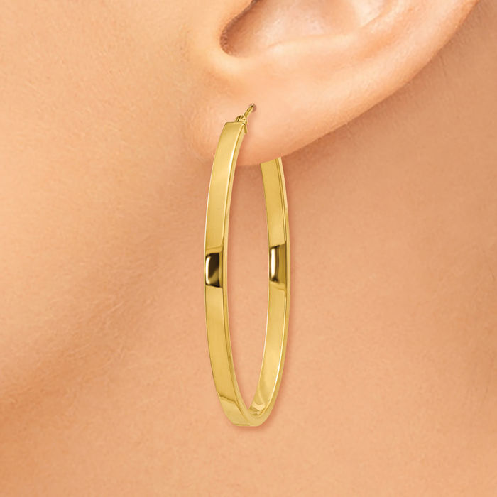 14K Solid Yellow Gold 3mm Oval Medium Hoop Earrings
