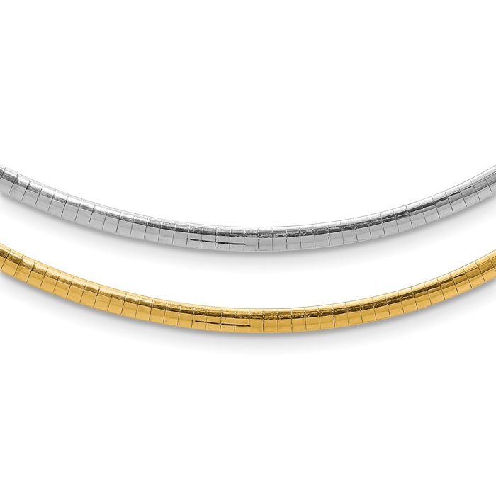 14K Solid Two Tone Gold 3mm Reversible White Yellow Cubetto Omega Snake Chain Herringbone Necklace