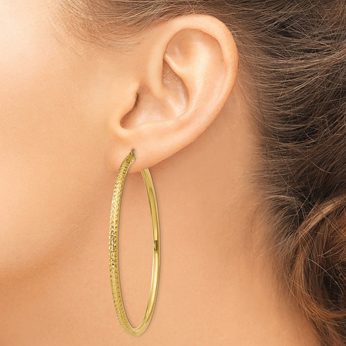 14K Solid Yellow Gold 3mm Round Large Hoop Earrings