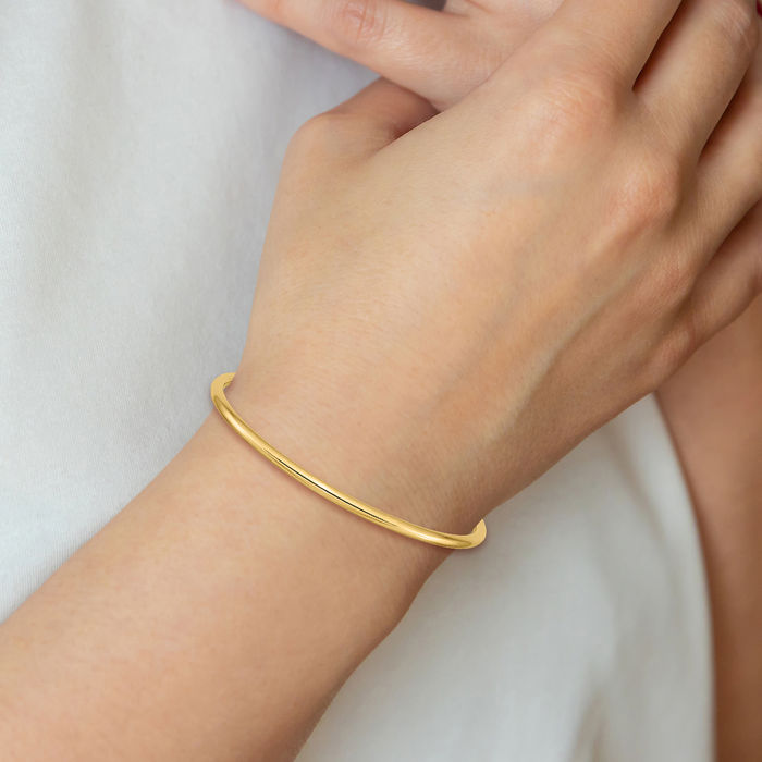 14K Solid Yellow Gold 3mm Round Tube Slip On Bangle Bracelet