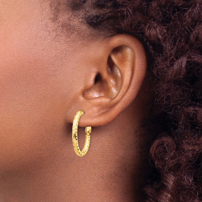 14K Solid Yellow Gold 3mm Oval Omega Clip Back Post Hoop Earrings