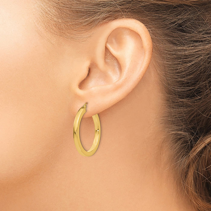 14K Solid Yellow Gold 3mm Square Round Medium Hoop Earrings