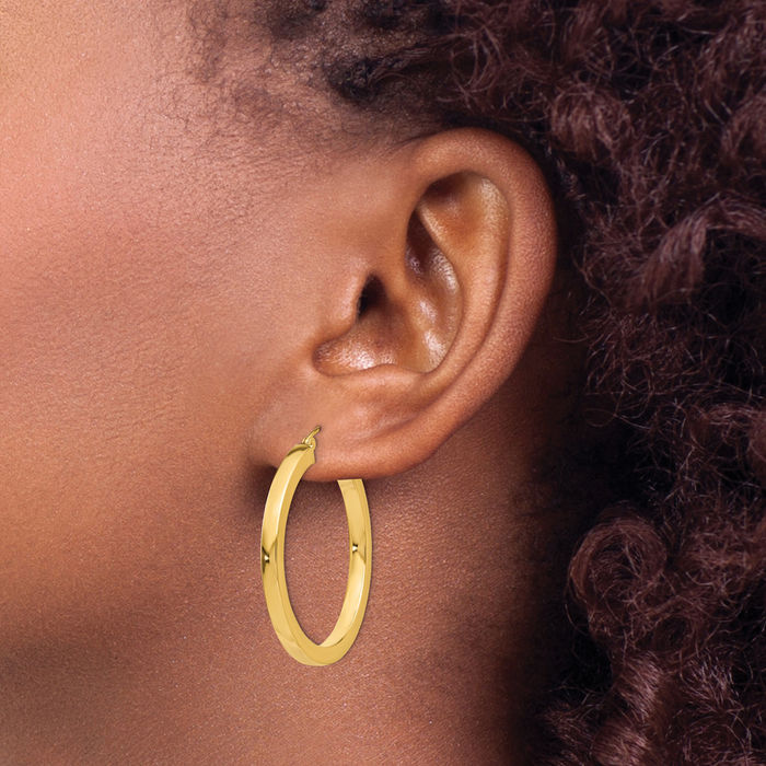14K Solid Yellow Gold 3mm Square Round Medium Hoop Earrings