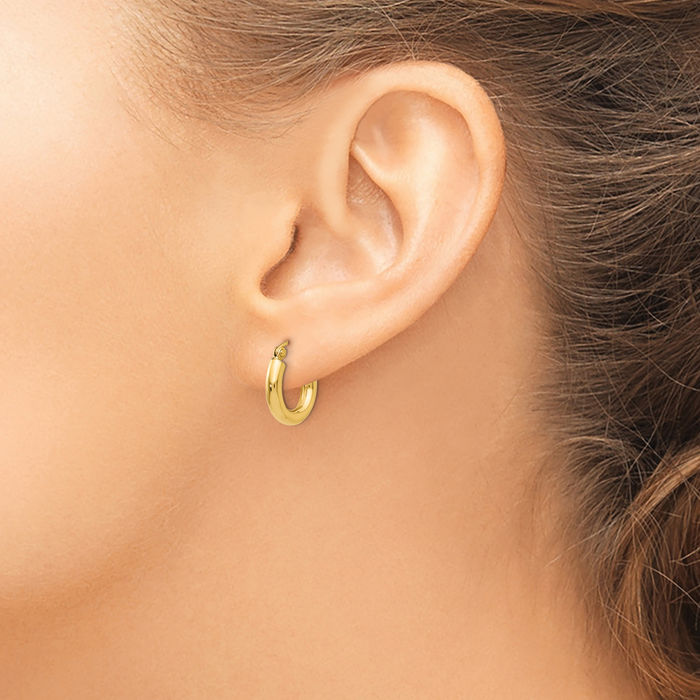 14K Solid Yellow Gold 3mm Tube Round Huggie Small Hoop Earrings