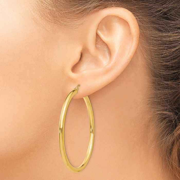 14K Solid Yellow Gold 3mm Tube Round Extra Large Hoop Earrings